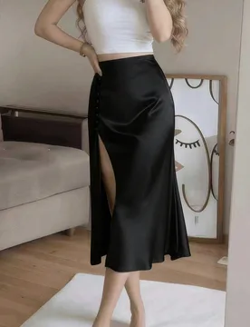 Falda de satén negro elegante de talle alto con abertura alta y botones para mujer, primavera L - Shein - FashionsVida
