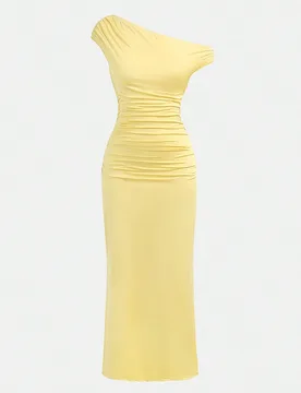 Vestido ajustado y ceñido de punto amarillo asimétrico con hombros y cintura fruncidos para adolescentes, casual y elegante - Shein - FashionsVida