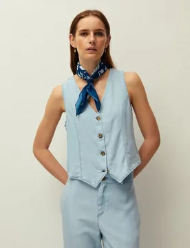 Chaleco de mujer de tencel con efecto denim y escote en pico - System Action - FashionsVida