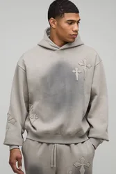 Herren Oversized Boxy Spray Wash Kreuz-Applikation Hoodie Sweatshirt Grey Größe Large