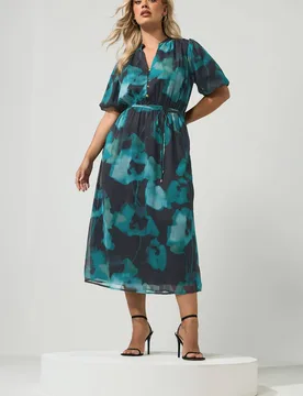 Women's Puff Sleeve Shirt Dress in Teal Size: 16 - Teal - Size: 16 - Yours - FashionsVida