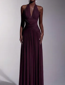 Vestido de fiesta elegante y romántico de moda con malla elástica, cuello halter, decoración fruncida, corte A, vestido de invitada de boda, vestid - Shein - FashionsVida
