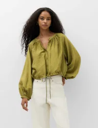 Drawstring Button Through Blouse Khaki female