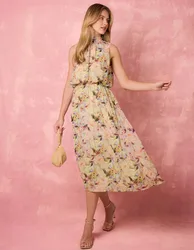 Watercolour Printed Sleeveless Midi Dress - S / GREEN - female