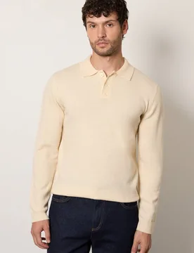 Men's Off White Soft Long Sleeve Polo Shirt Size: Large - Off White - Size: L - Burton - FashionsVida