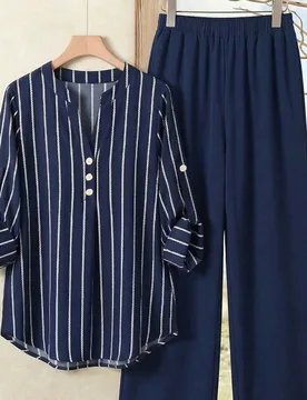Conjunto casual de dos piezas para mujer con camisa de rayas y mangas enrolladas y pantalones L - Shein - FashionsVida