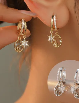 Piezas Pendientes asimétricos con sol, luna y estrella, estilo cósmico romántico, disponible en colores dorado y plateado, diseño asimétrico de a - Shein - FashionsVida
