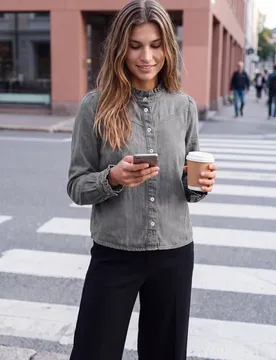 Street One Langarm Denim Bluse mit Rüschen female Grau - Street One Studio - FashionsVida