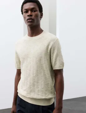 Mercerised Cotton Geometric Knitted T-shirt Light Natural male - Autograph - FashionsVida