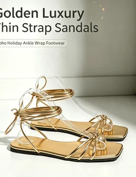 Par de sandalias planas de cuero PU de unicolor con tiras cruzadas doradas, estilo sexy, para fiesta de vacaciones universitarias, primavera/otoño co - Shein - FashionsVida