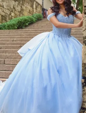 Sky Blue Shiny Quinceanera Dresses Off The Shoulder Beading Crystal Tull Party Birthday Sweet 16 Dress Vestidos 15 De Anos - Aliexpress - FashionsVida