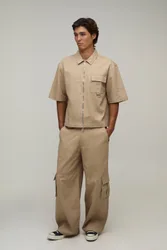 Mens Oversized Half Sleeve Overshirt & Baggy Trouser Cargo Set - Beige Cotton - Size Small