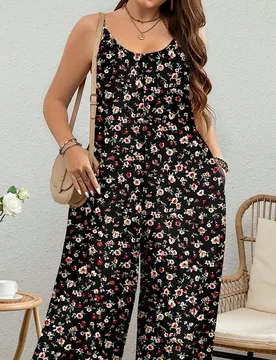 Mono holgado con estampado floral en todo el Body y tirantes de espagueti, adecuado para vacaciones de primavera/verano, talla grande 4XL - Shein - FashionsVida