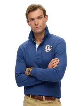 Polo A Maniche Lunghe Vintage Athletic Rugby Bay Blue 2XL - Superdry - FashionsVida