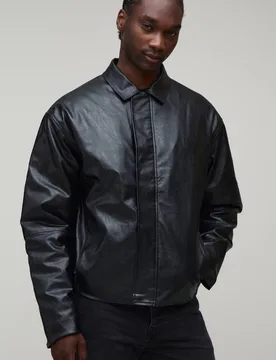 Herren Große Größen Harrington-Jacke Mit Paneel-Design Aus Kunstleder Black Größe 2XL - boohooMAN - FashionsVida