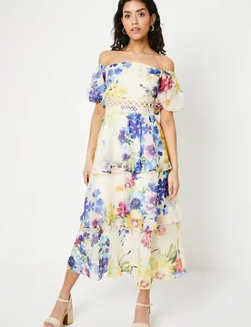 Womens Petite Organza Floral Bardot Midaxi Dress - Multicolour - Size 10 Uk - OASIS - FashionsVida