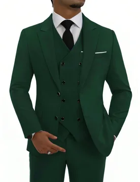 Conjunto de 3 piezas de moda para hombre, incluye blazer de corte slim, chaleco cruzado, pantalones, ropa formal y de negocios para el trabajo y ocasi - Shein - FashionsVida
