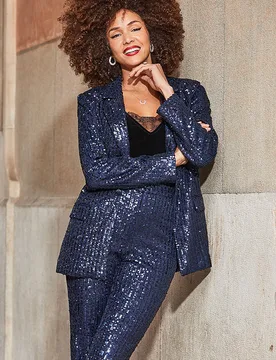 Womens Dark Sapphire Blue Luxe Sequin Blazer - Size 8 Uk - Sosandar - FashionsVida