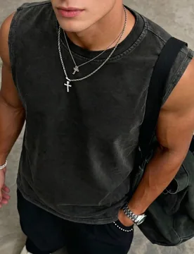 Camiseta de tirantes sin mangas de cuello redondo para hombre talla grande YUNTUO, estilo americano relajado, lavado a la nieve, color liso, ajuste re - Shein - FashionsVida