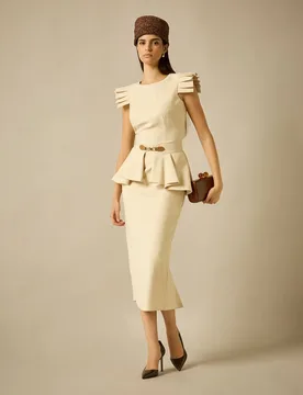 Vestido midi con falda lápiz y cinturón con peplum - Sonia Peña - FashionsVida