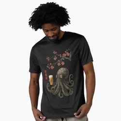Octopus with Beer Japanese Ink Art Style Design gift t shirt 100% cotton O-Neck Short Sleeve Graphic clothes All size tee S-6XL