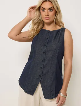 Women's Denim Longline Waistcoat in Dark Blue Size: 14 - Dark Blue - Size: 14 - Yours - FashionsVida