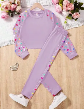 Piezas/Set Sudadera con estampado floral de corazones + Leggings para niñas preadolescentes, otoño, escuela, carrera, lavanda, estilo coreano, atlé - Shein - FashionsVida