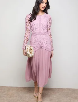 Womens Lace Bodice Pleated Skirt Long Sleeve Midi Dress - Light Pink - Size 18 Uk - OASIS - FashionsVida
