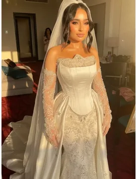 Customized Luxury White Wedding Dress Detachable Trailing Sleeves Mermaid Waist Cinching Lace Pearl Crystal Vestido De Novia - Aliexpress - FashionsVida