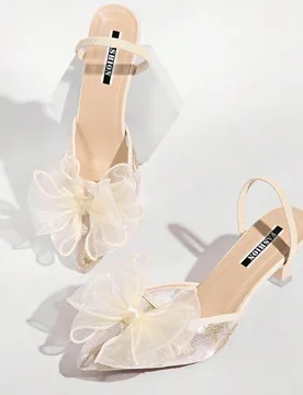 Mules de tacón alto con lazo blanco de malla, sandalias slip-on con punta puntiaguda y bordado de encaje, tacones delgados y gruesos, tacones de gati - Shein - FashionsVida