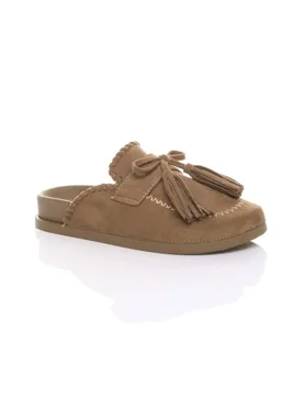 Women's Flat Tassel Moccasin Mules Sandals Sliders in Camel Size: 6 - Camel - Size: 6 - Ajvani - FashionsVida