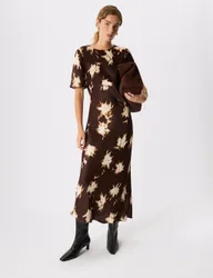 Printed Round Neck Midi Column Dress Brown Mix female