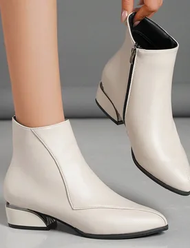 Par de botas de tobillo con punta puntiaguda en beige para adolescentes/mujeres, tacón grueso, cremallera lateral, minimalista y cómoda, botas de mo - Shein - FashionsVida