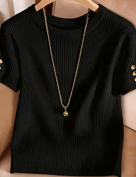 Camiseta de mujer de cuello redondo, manga corta, decorativa con botones y acanalada, de estilo minimalista y de moda S - Shein - FashionsVida