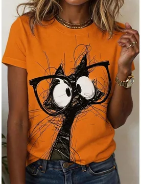 Camiseta de manga corta con cuello redondo y estampado de dibujos animados, estilo casual de calle para mujer, versátil para uso diario, Halloween, v - Shein - FashionsVida