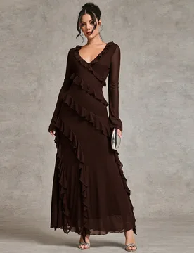 Vestido largo de manga larga para otoño, con decoración de volantes romántica y dulce, ideal para citas y uso interior durante los viajes, elegante - Shein - FashionsVida