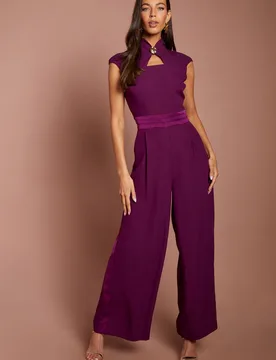 Women's High Neck Cap Sleeve Crepe Jumpsuit in Plum Size: 14 - Plum - Size: 14 - Coast - FashionsVida