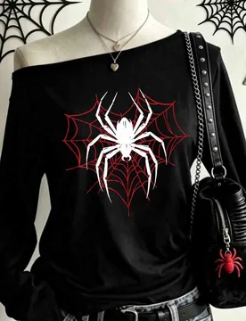 Camiseta de manga larga con hombro asimétrico, estilo minimalista vintage punk Y2K con estampado de telaraña y araña en negro y rojo, adecuada para - Shein - FashionsVida