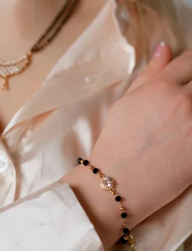 Women's Black Beaded Round Zircon Mangalsutra Nazar Bracelet - Black - Size: One Size - The Colourful Aura - FashionsVida