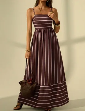 Vestido Maxi Boho con Estampado de Rayas Burdeos para Mujer, Vestido Slip Elegante de Verano Estilo Retro Francés para Vacaciones, Cuello Cuadrado, T - Shein - FashionsVida