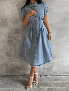 Vestido de mezclilla extra largo con abertura alta para mujer, azul claro, casual para brunch y vacaciones de otoño M - Shein - FashionsVida