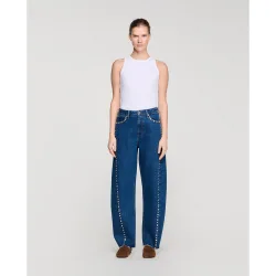 Vaquero barrel de mujer 100% algodón de talle alto con strass