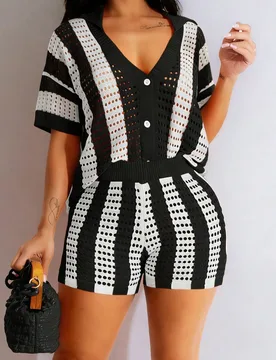 Conjunto de top de punto calado y pantalones cortos a rayas de verano casual para mujer, negro, primavera XL - Shein - FashionsVida
