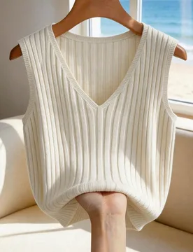 Nuevo cárdigan sin mangas de punto acanalado de estilo coreano informal y holgado de color crema, diseño elegante de cuello en V, versátil para uso - Shein - FashionsVida