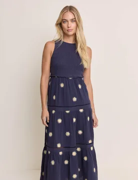 Pure Cotton Embroidered Midaxi Tiered Dress Blue female - Nobody's Child X Elizabeth Scarlett - FashionsVida