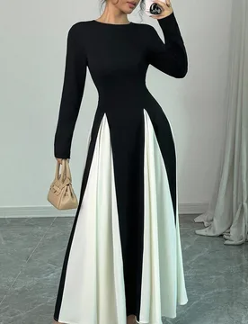Vestido casual y de oficina de manga larga con cuello redondo, bloque de color y parches, adecuado para reuniones, vestido largo de mujer para otoño/ - Shein - FashionsVida