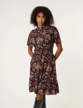Frill Neck Shirred Waist Mini Dress - S/M / BLACK PATTERN - female - Blue Vanilla - FashionsVida