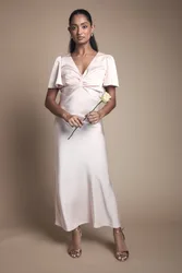 Women's Satin Twist Front Angel Sleeve Midi Bridesmaid Dress in Blush Size: 8 - Blush - Size: 8