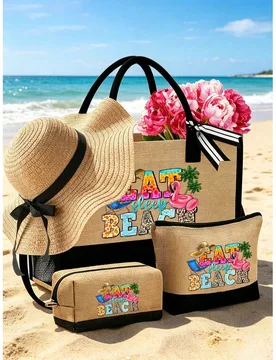 Conjunto de Bolsa de Playa & Sombrero para el Sol Bolsa de Hombro de Lona de Gran Capacidad y Sombrero para el Sol de Ala Ancha Color Caqui, Adecuado - Shein - FashionsVida