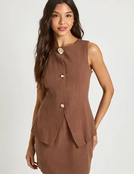 Womens 2 In 1 Linen Look Tailored Mini Dress - Chocolate - Size 12 Uk - Boohoo - FashionsVida